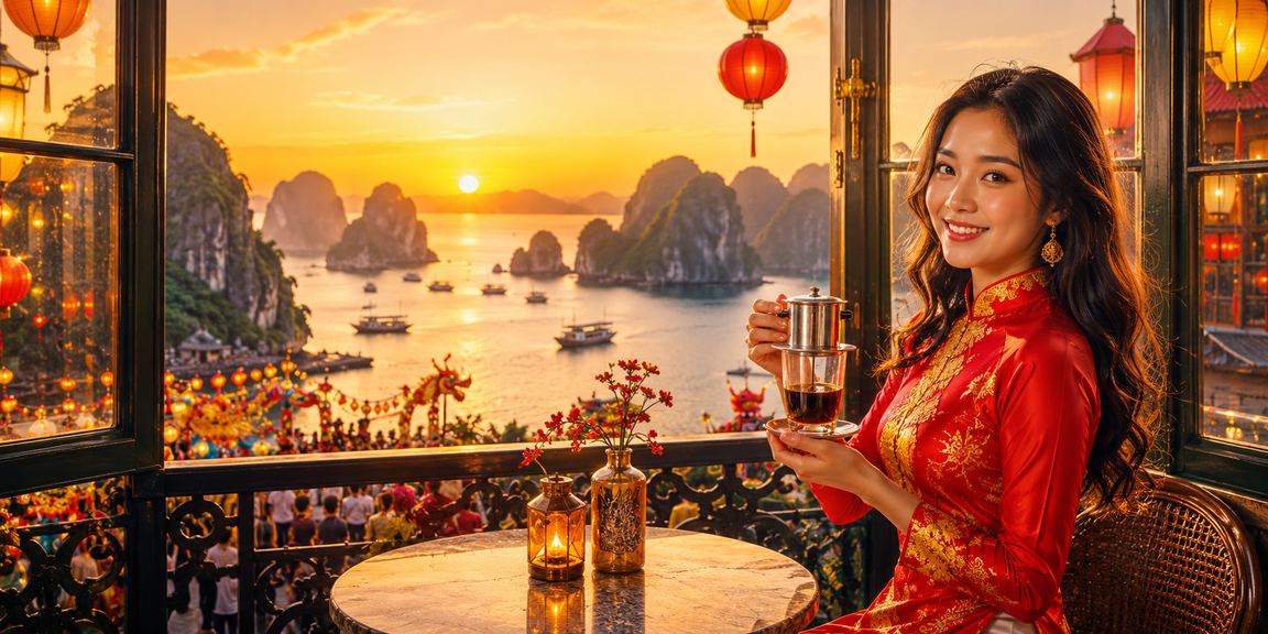 Buổi sáng thư thái tại Hạ Long – theo dõi kết quả thể thao cùng ly cà phê và điện thoại